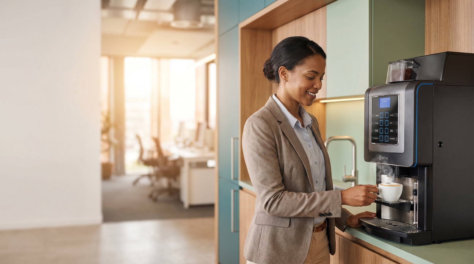Employee collecting a fresh coffee from an office coffee machine