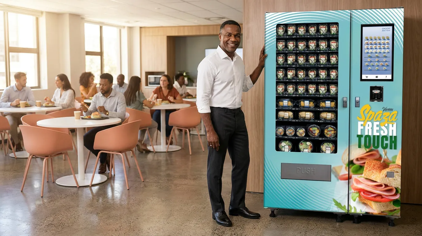 Branded Spaza Fresh Touch fresh food machine in a staff canteen, a smiling employee standing beside it while colleagues eat at tables behind