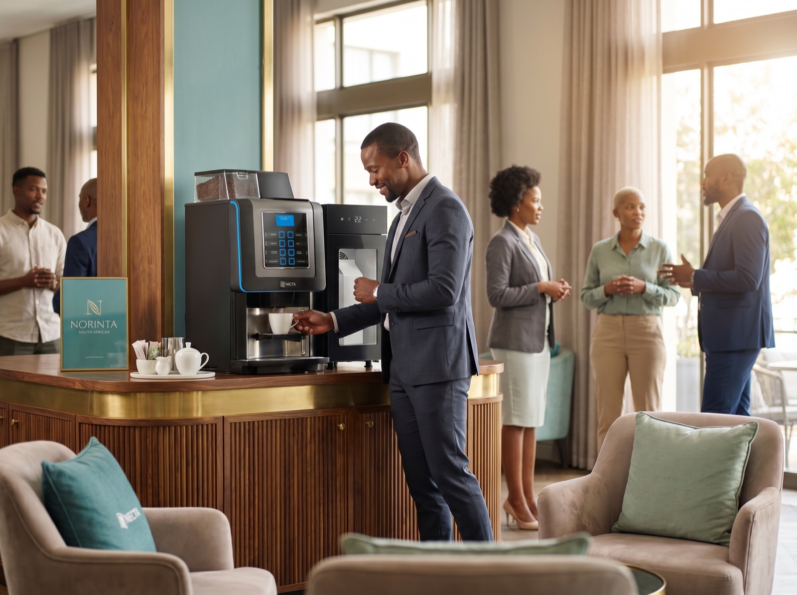 Guest collecting coffee in a hotel lobby refreshment area