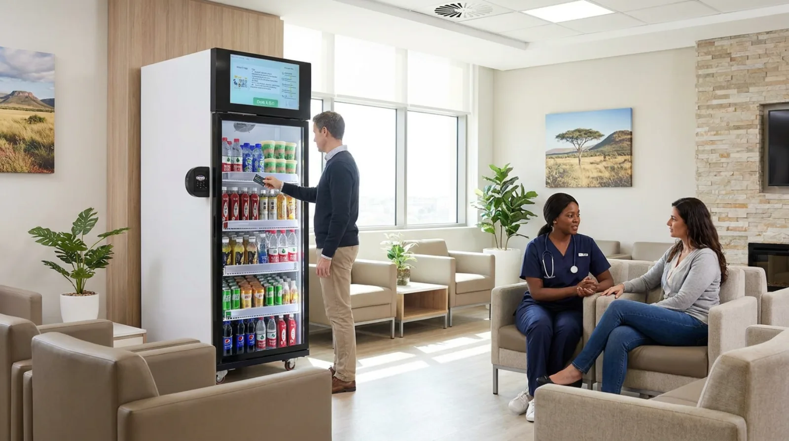 AI smart vending fridge in a hospital or clinic waiting area