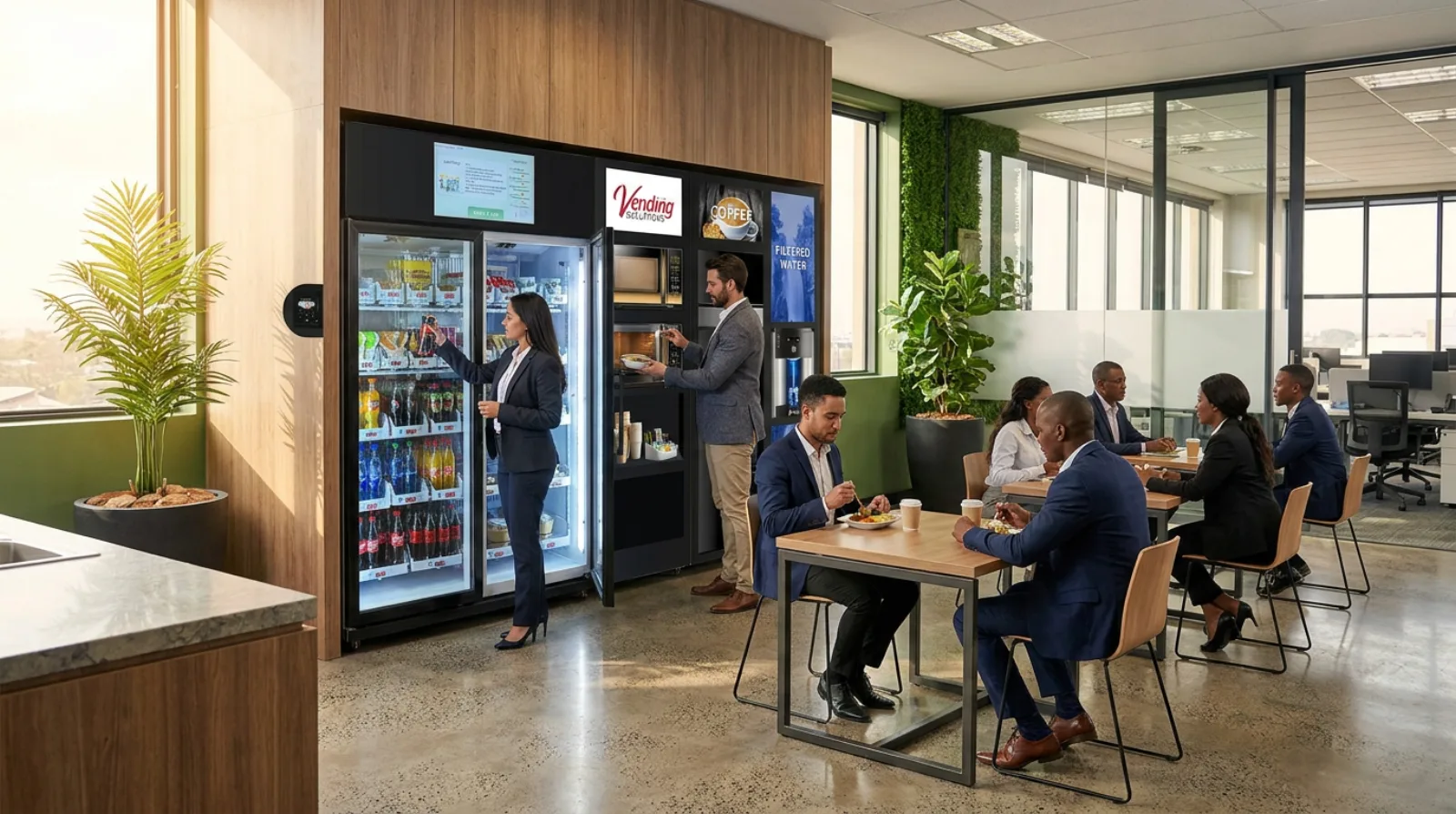 Smart Vending Fridge refreshment station with coffee, microwave, water and snacks