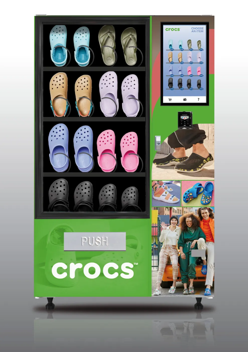 Crocs branded touchscreen retail vending machine
