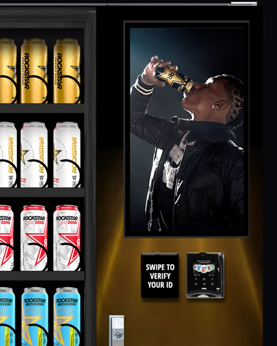 Rockstar Energy branded touchscreen vending machine, screen and card reader