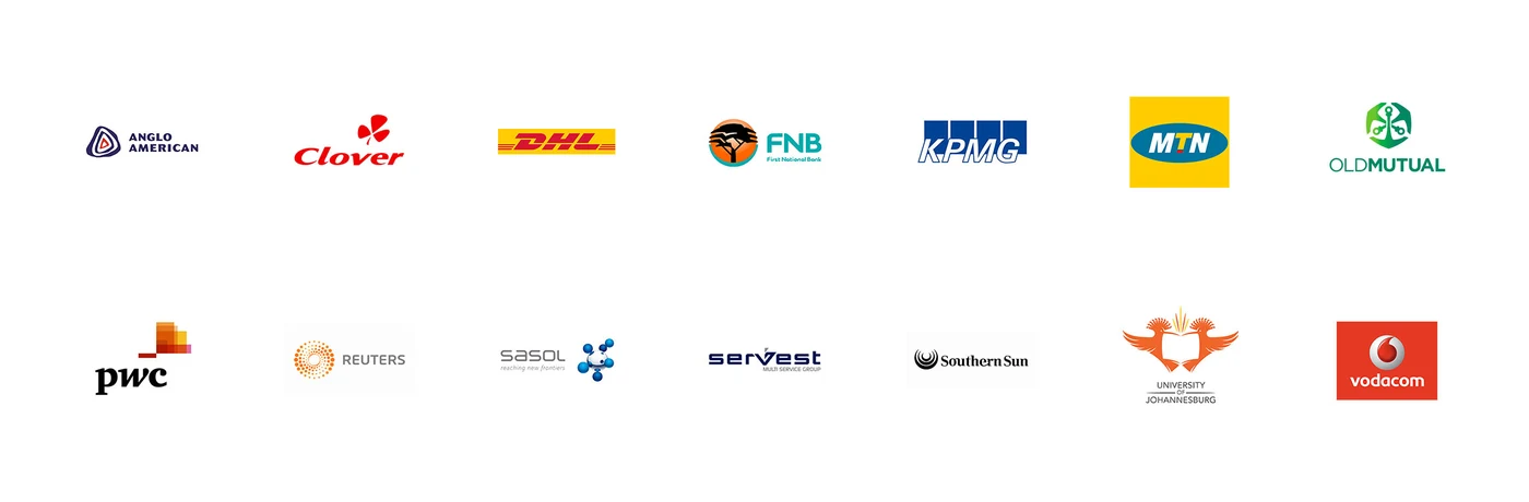 Client logos including Southern Sun, MTN, Vodacom, PwC, KPMG, Sasol, FNB, Old Mutual and DHL