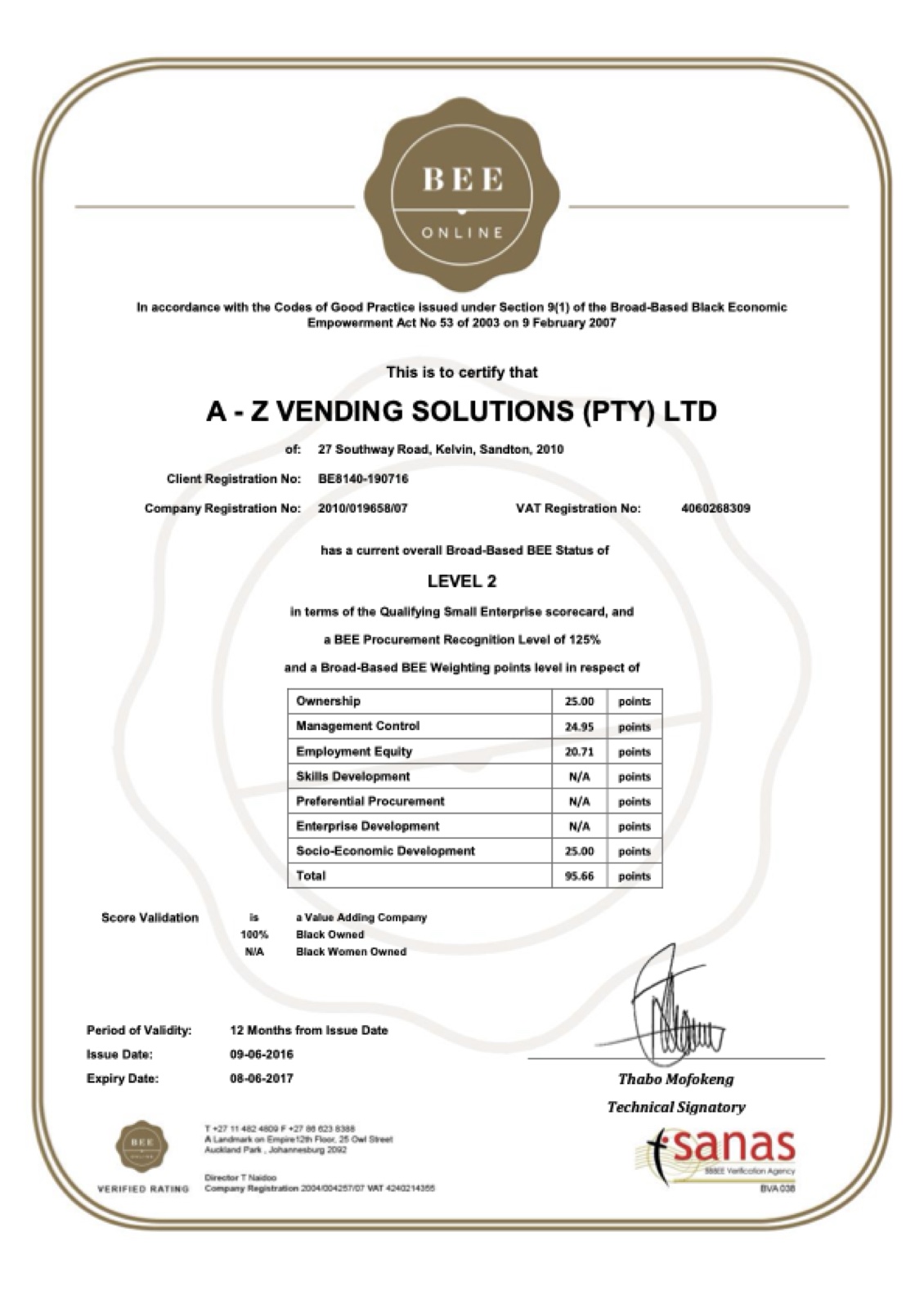 Vending Solutions B-BBEE certificate document