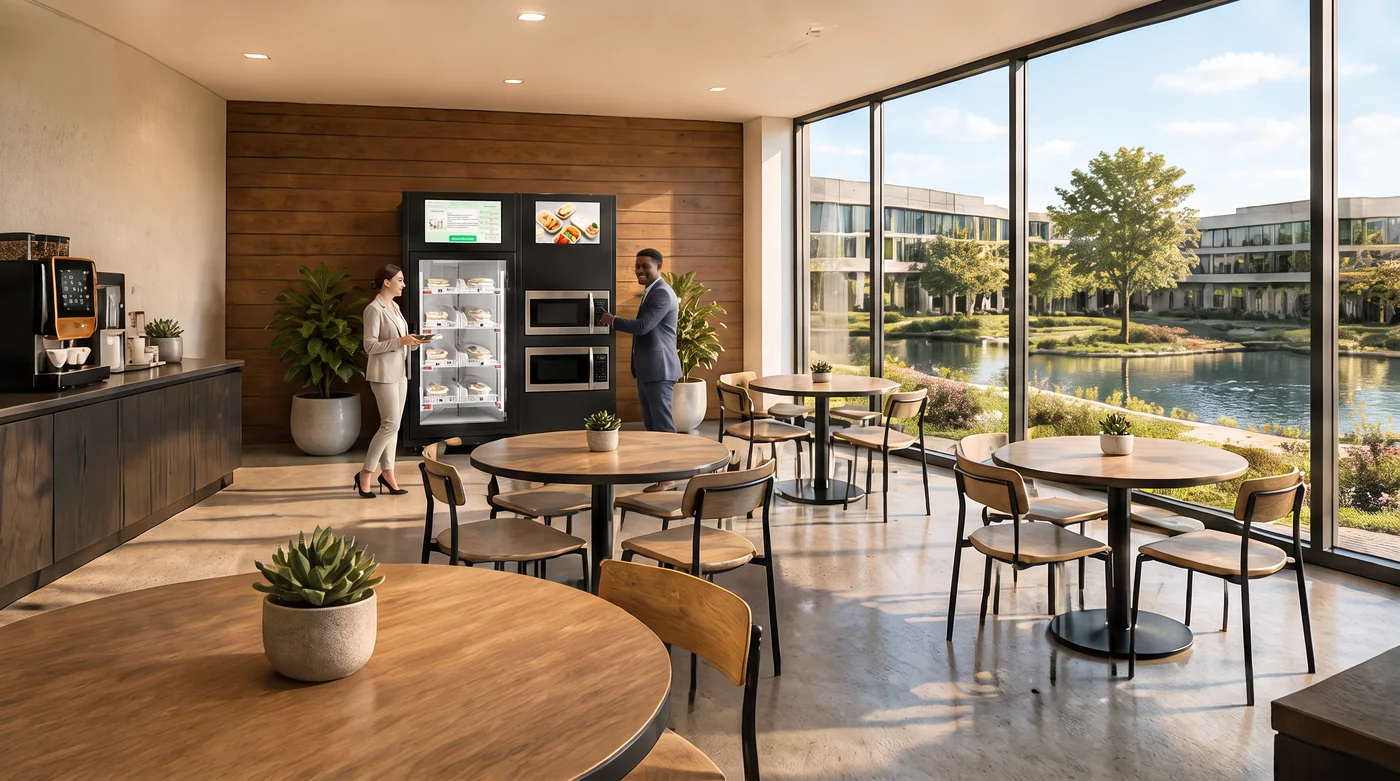 Workplace heat and eat station, fresh meal packs in a Smart Vending Fridge beside two built-in microwaves
