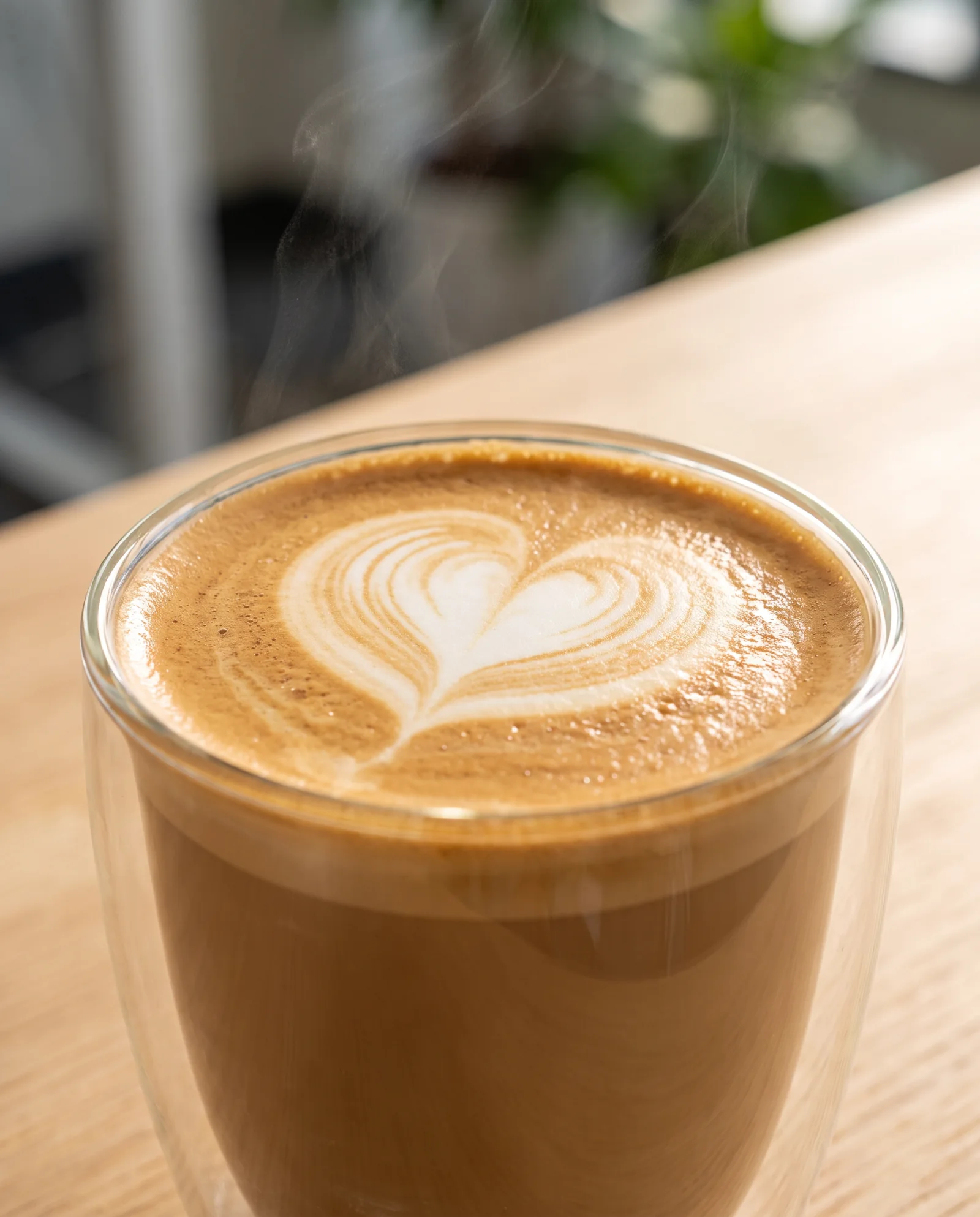 Freshly made cappuccino with heart latte art in a double walled glass