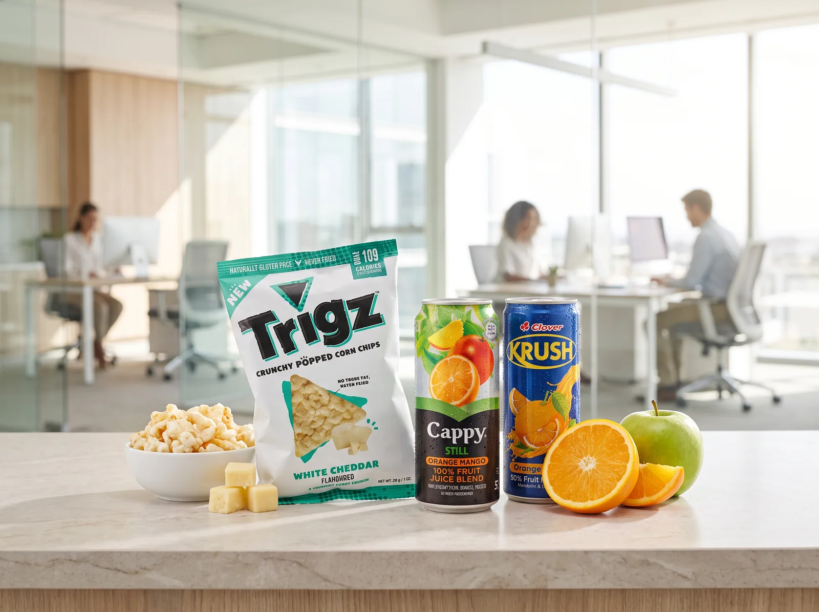 Trigz popped chips, Cappy and Krush juices with fresh fruit at the office