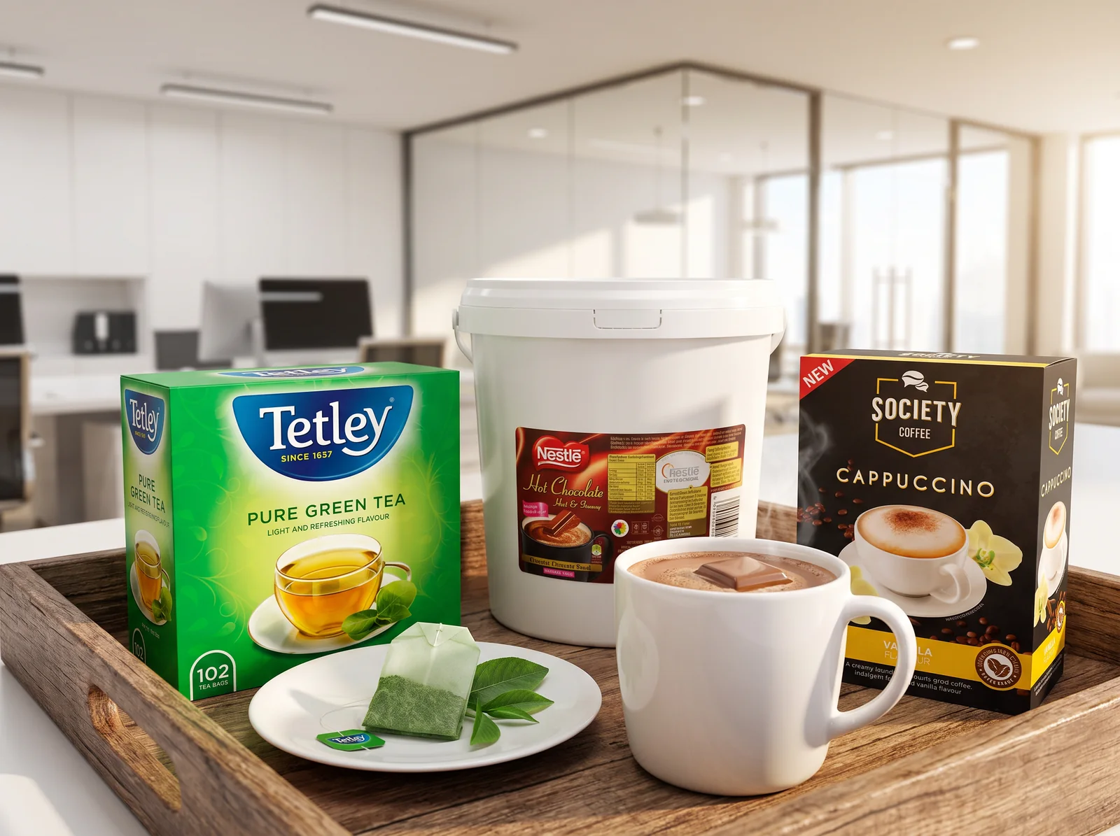 Tetley tea, Nestle hot chocolate and cappuccino sachets on an office tray