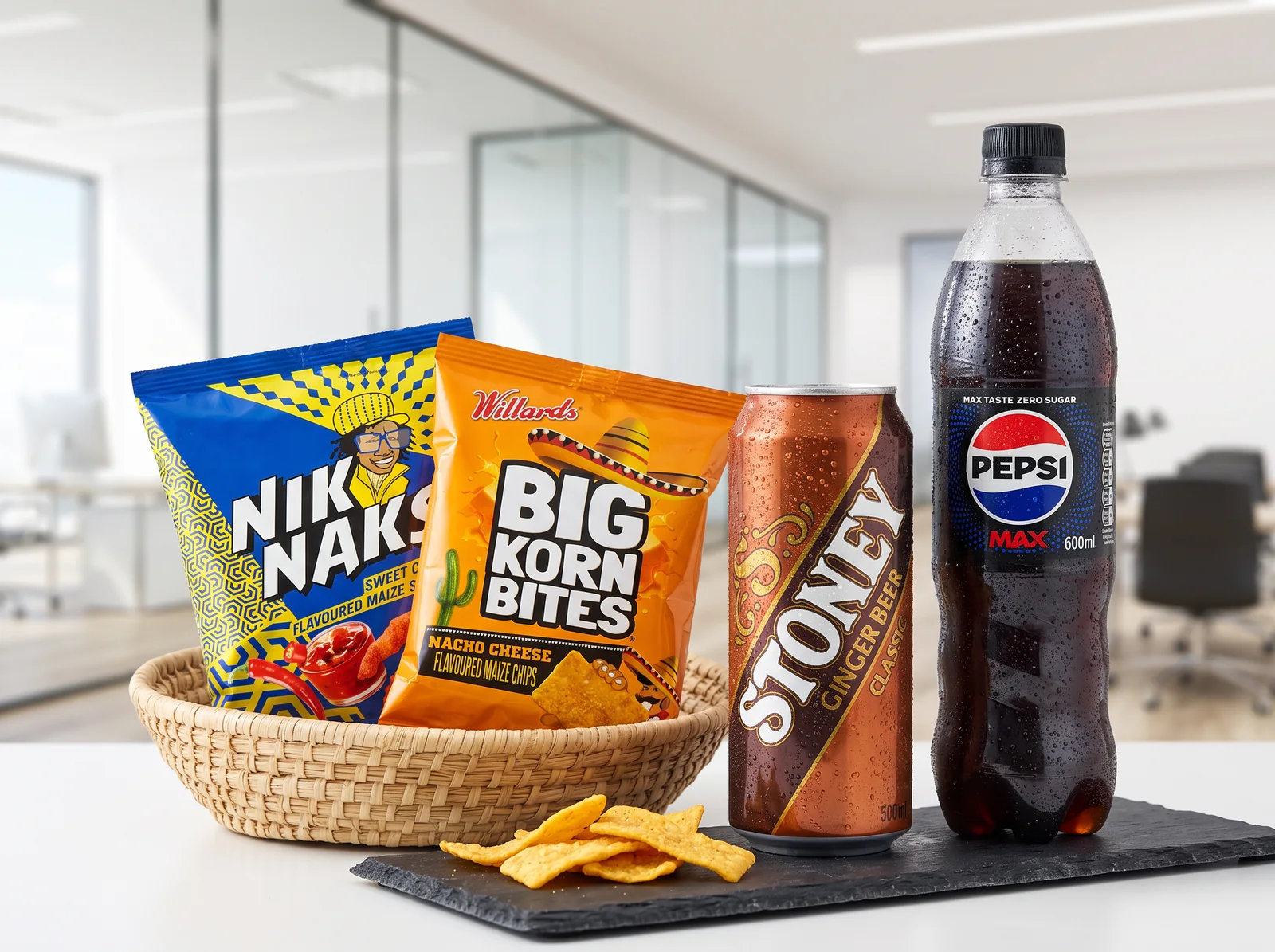 Nik Naks, Big Korn Bites, Stoney and Pepsi Max in an office breakroom