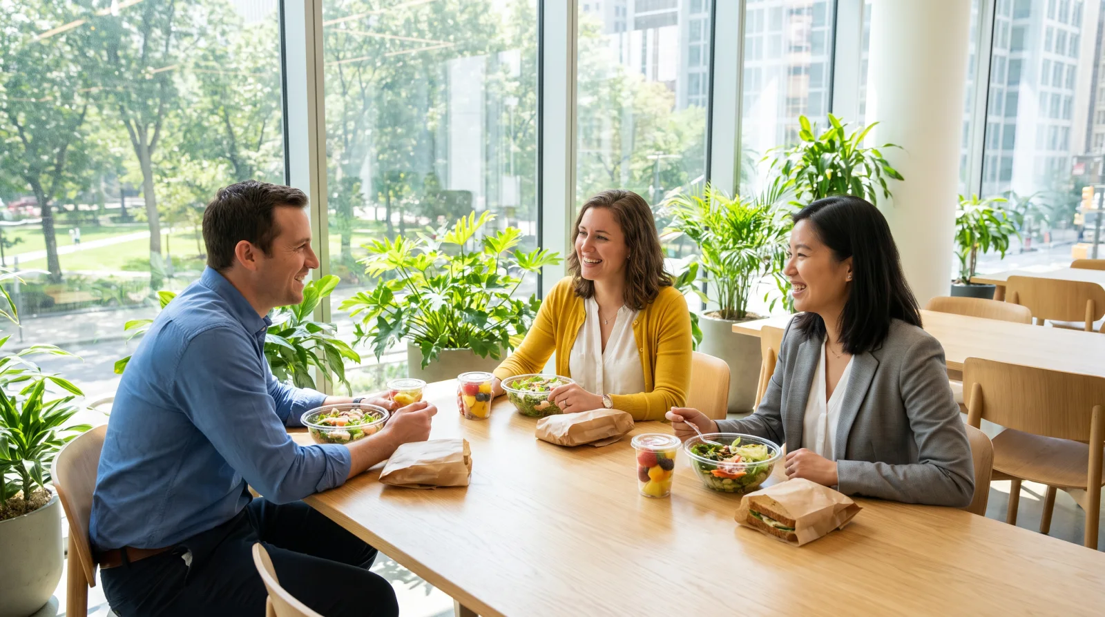 Colleagues eating fresh vended lunches together in an office breakout area