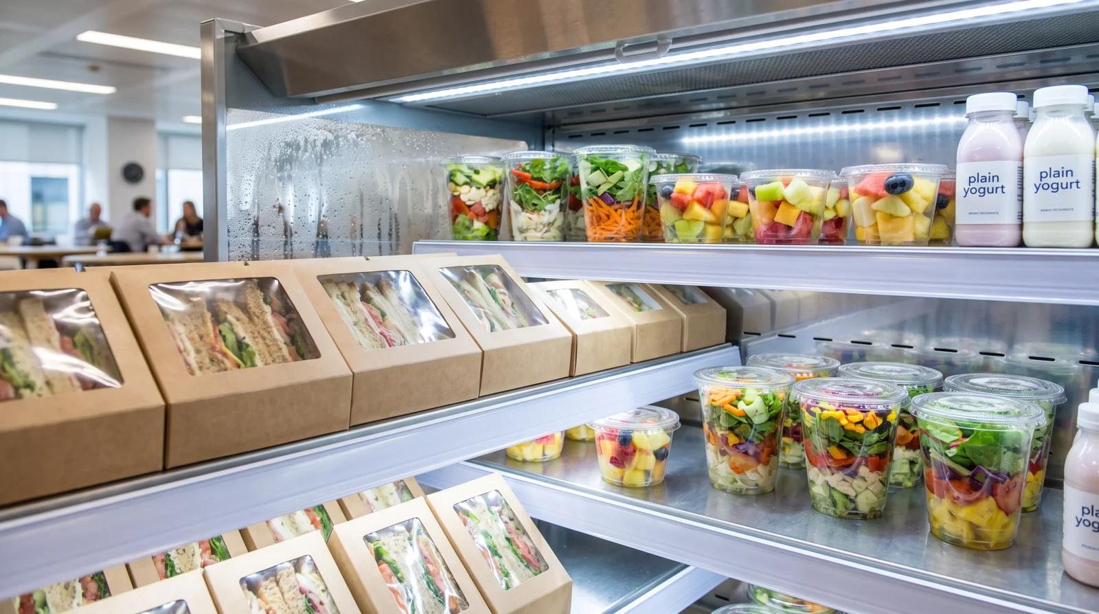 Chilled shelf of fresh salads, wraps and sandwiches inside a vending machine