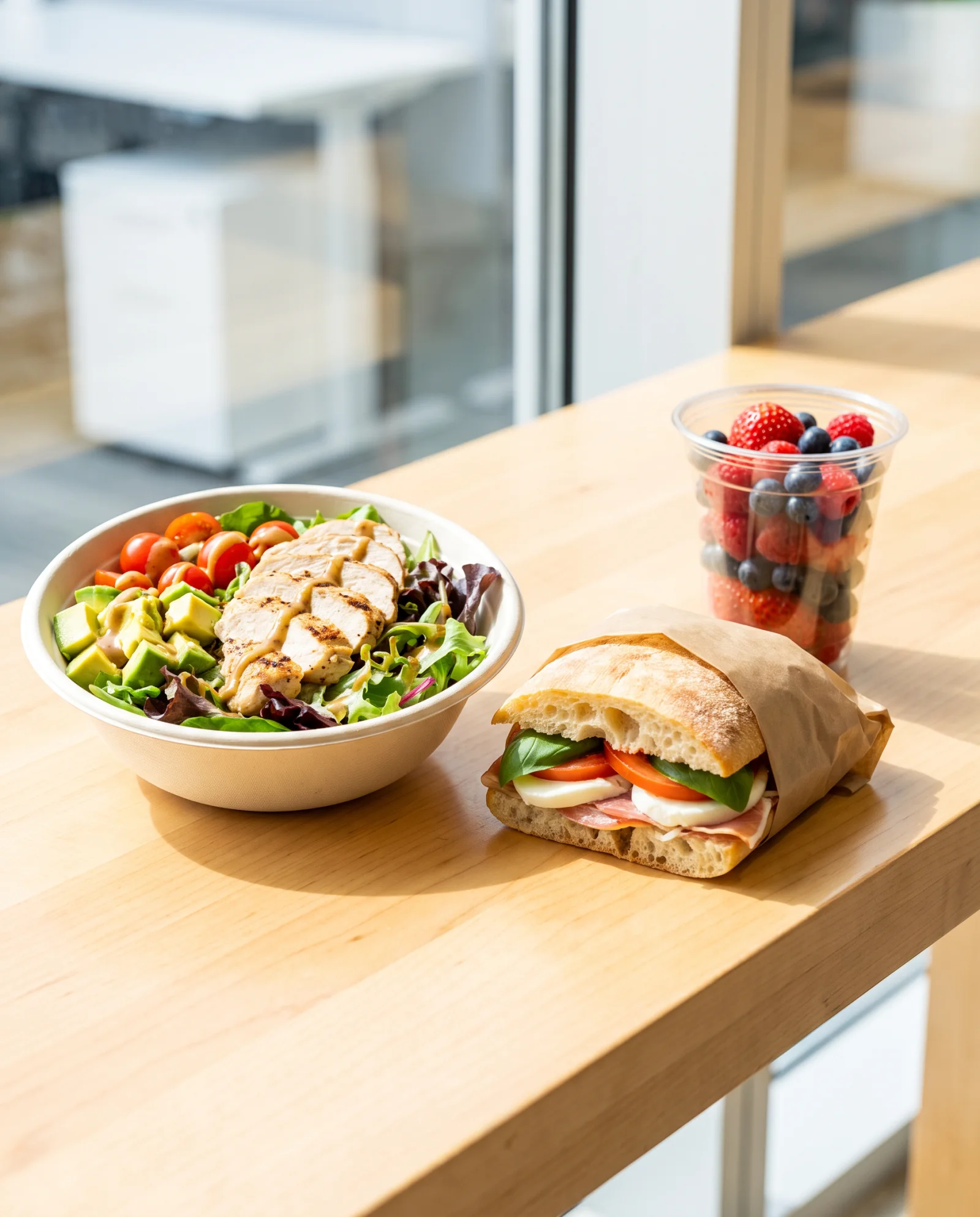 Close view of fresh salads, wraps, fruit cups and cold drinks ready for vending
