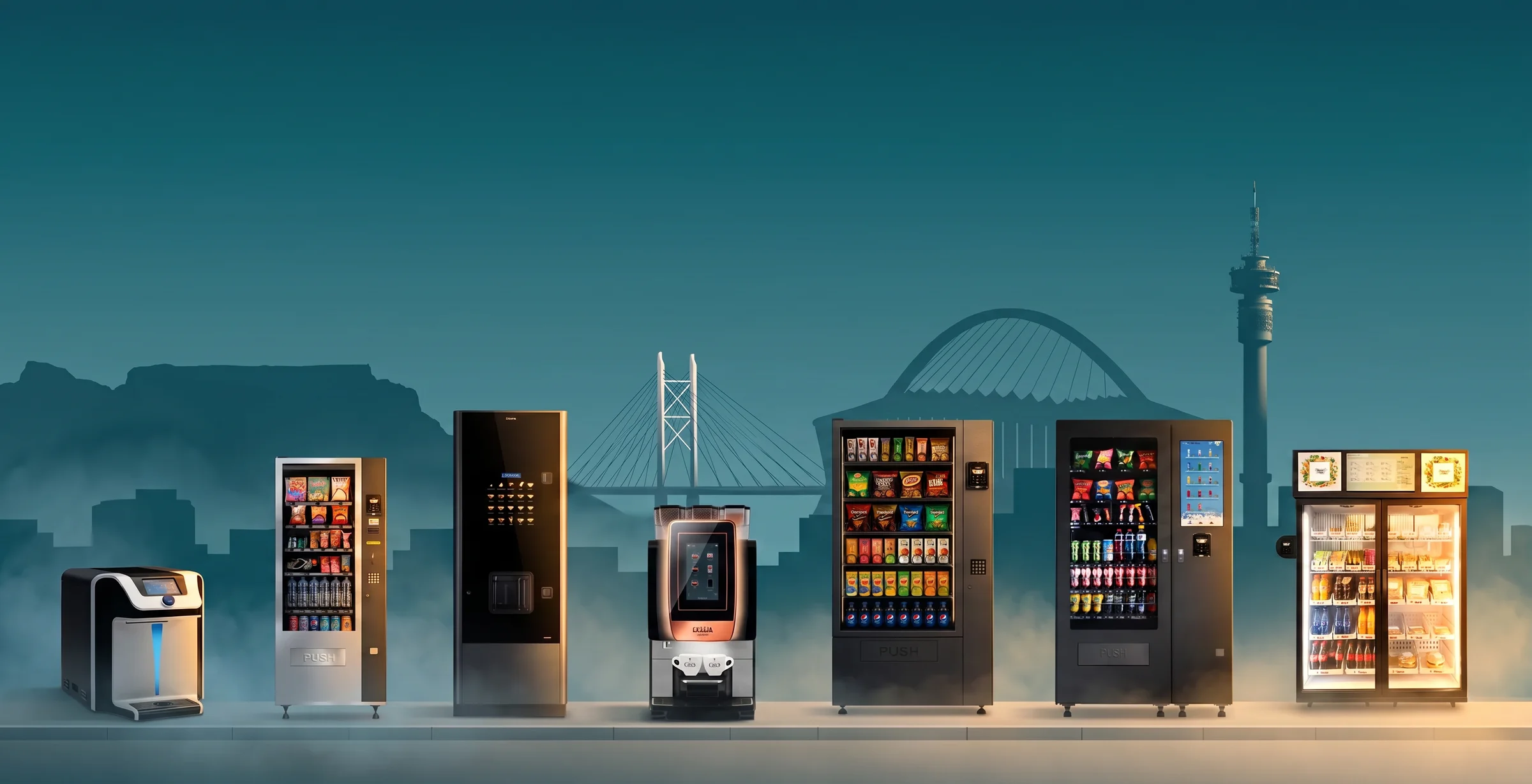 Vending Solutions machine range as a South African skyline: coffee, water, snack and smart fridge machines with Table Mountain, the Nelson Mandela Bridge, the Moses Mabhida Stadium arch and Hillbrow Tower