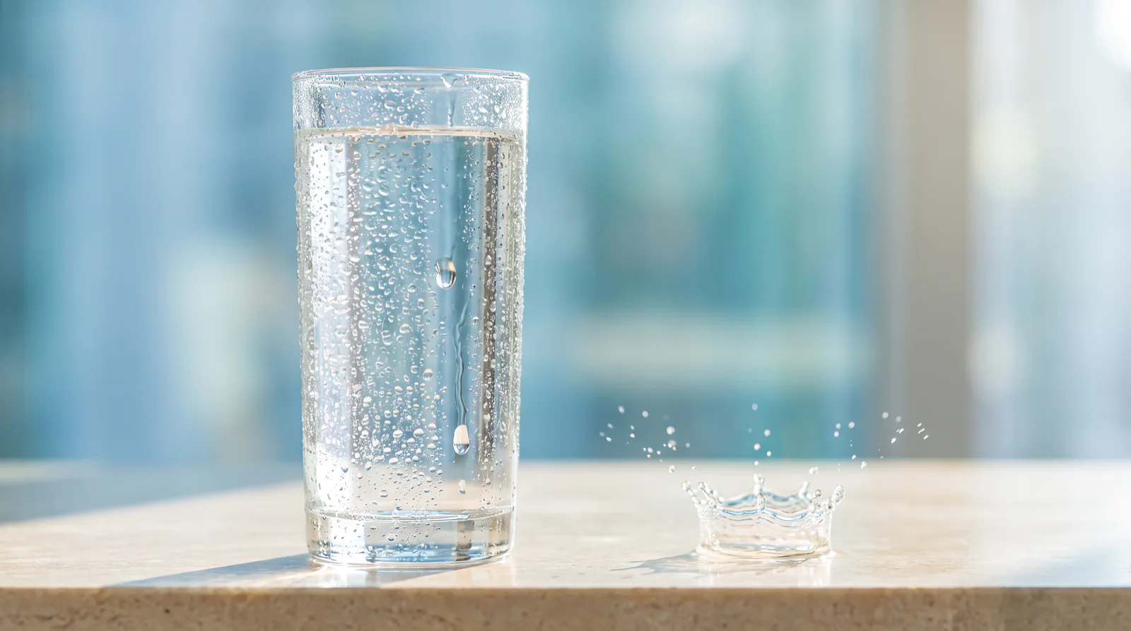Chilled glass of purified water with condensation and a droplet splash